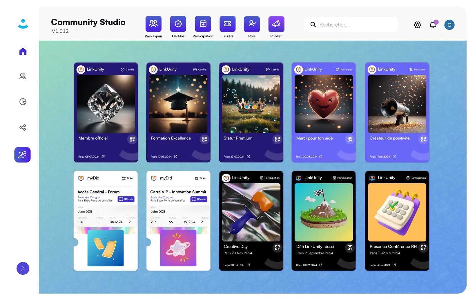 Le Community Studio de myDid qui affiche des badges de participations, certifiés, pair-à-pair et des tickets d'entrée.